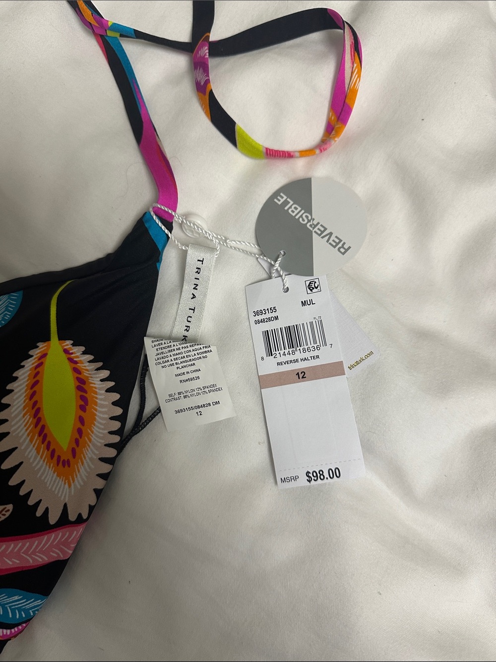 Trina Turk Black Multicolor Feather-Print Bikini Top - Picture 2 of 6